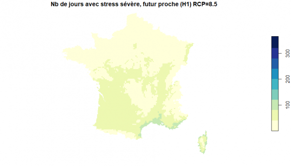 Cas du scénario climatique RCP=8.5 /  Nb de jours avec stress sévère, futur proche (H1) RCP=8.5